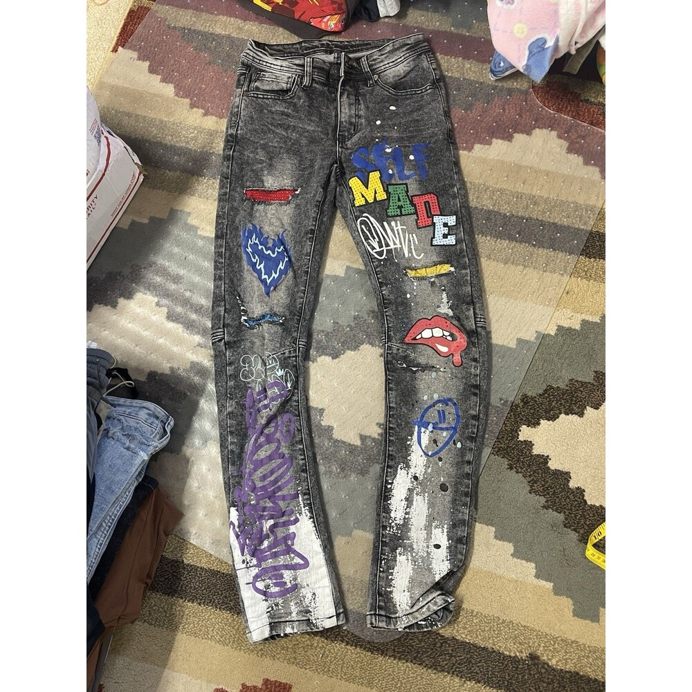 Rue 21 Premium Skinny Arc Supreme Flex Distressed Graffiti Black Jeans 26x30